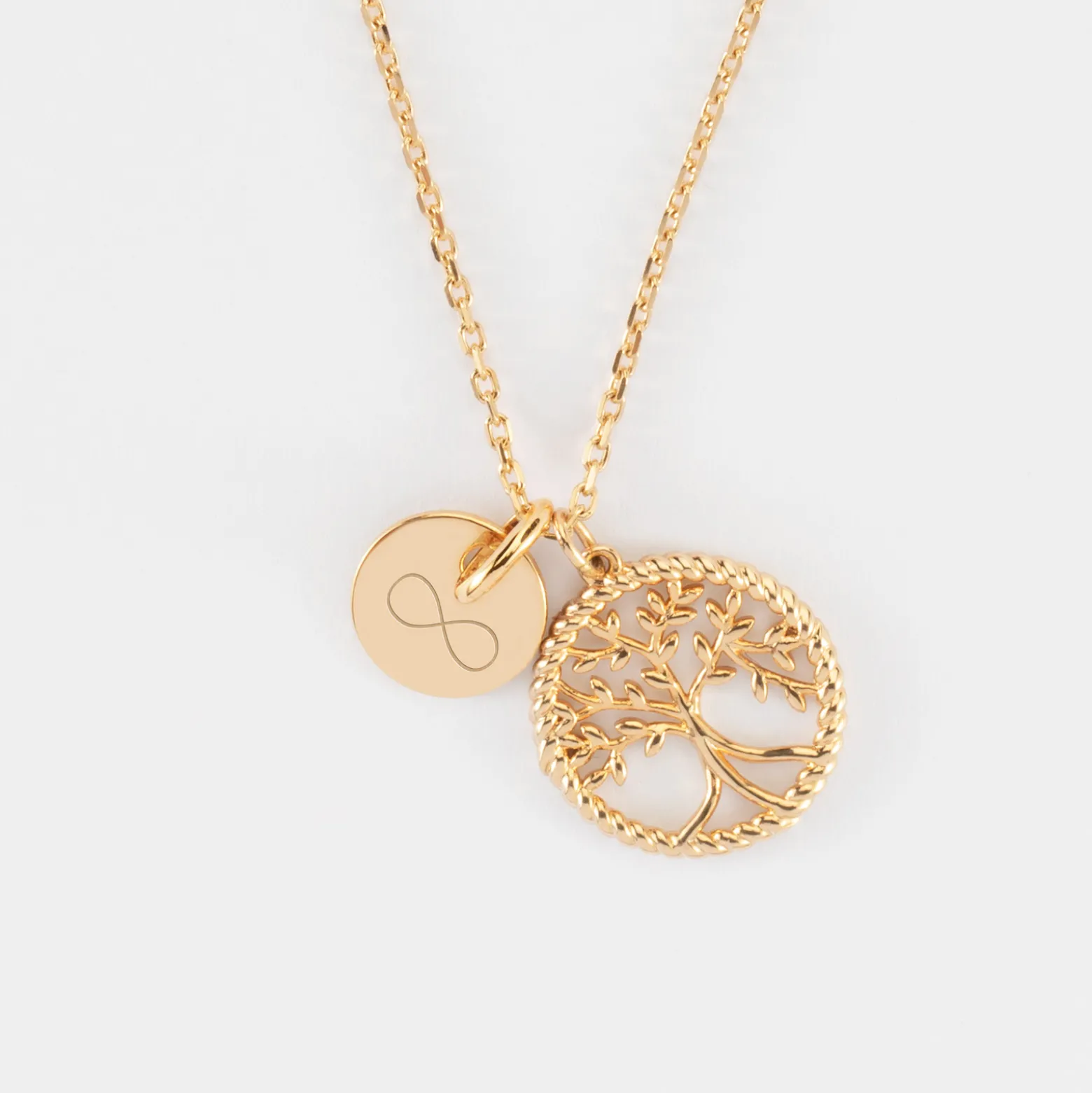 Pendentif personnalisé médaille gravée plaqué or 10 mm et breloque arbre de vie contour torsadé 16 mm