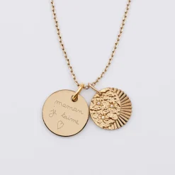 Pendentif personnalisé médaille gravée plaqué or 15 mm et breloque Lune trio zircons 14 mm