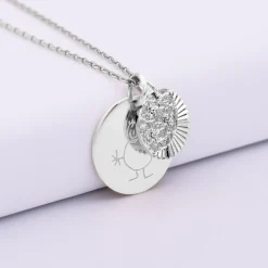 Pendentif personnalisé médaille gravée argent 19 mm et breloque Lune trio zircons 14 mm