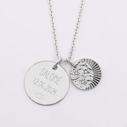 Pendentif personnalisé médaille gravée argent 19 mm et breloque Lune trio zircons 14 mm
