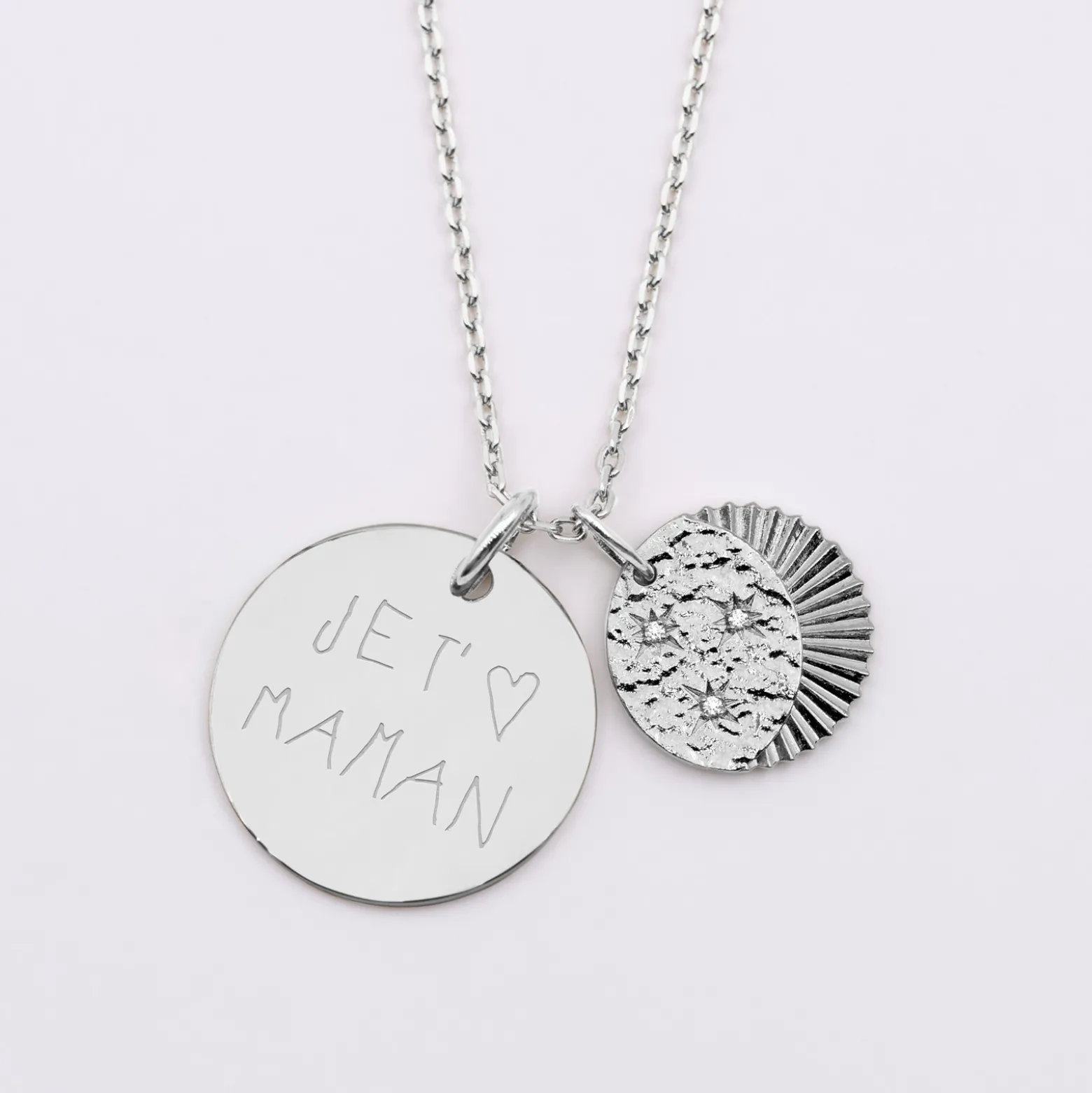 Pendentif personnalisé médaille gravée argent 19 mm et breloque Lune trio zircons 14 mm