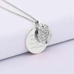 Pendentif personnalisé médaille gravée argent 19 mm et breloque Lune trio zircons 14 mm