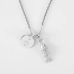 Pendentif personnalisé médaille gravée argent 10 mm et breloque poisson articulé 15 mm