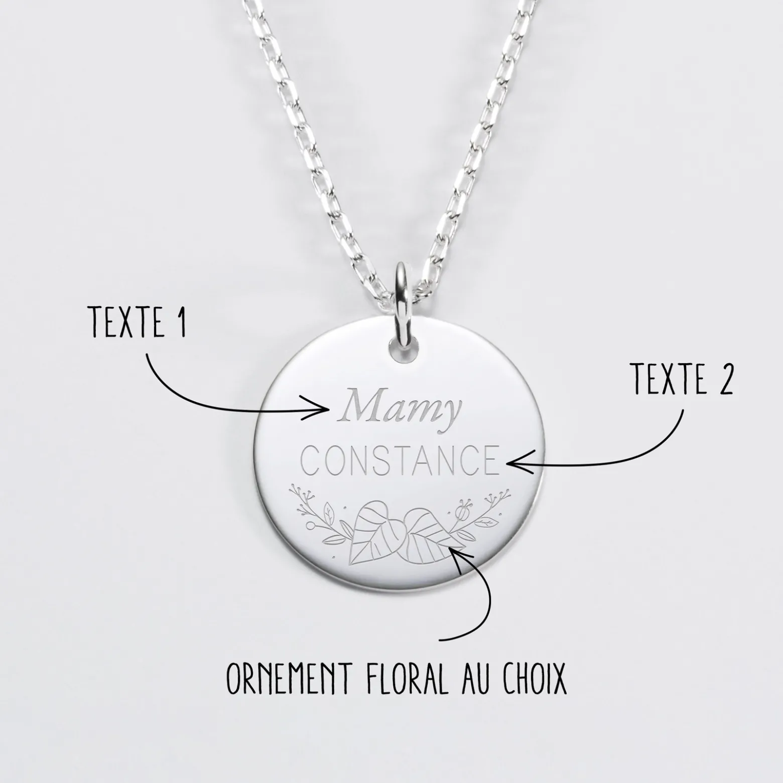 Pendentif personnalisé médaille gravée argent 19 mm - Edition spéciale Ornement floral
