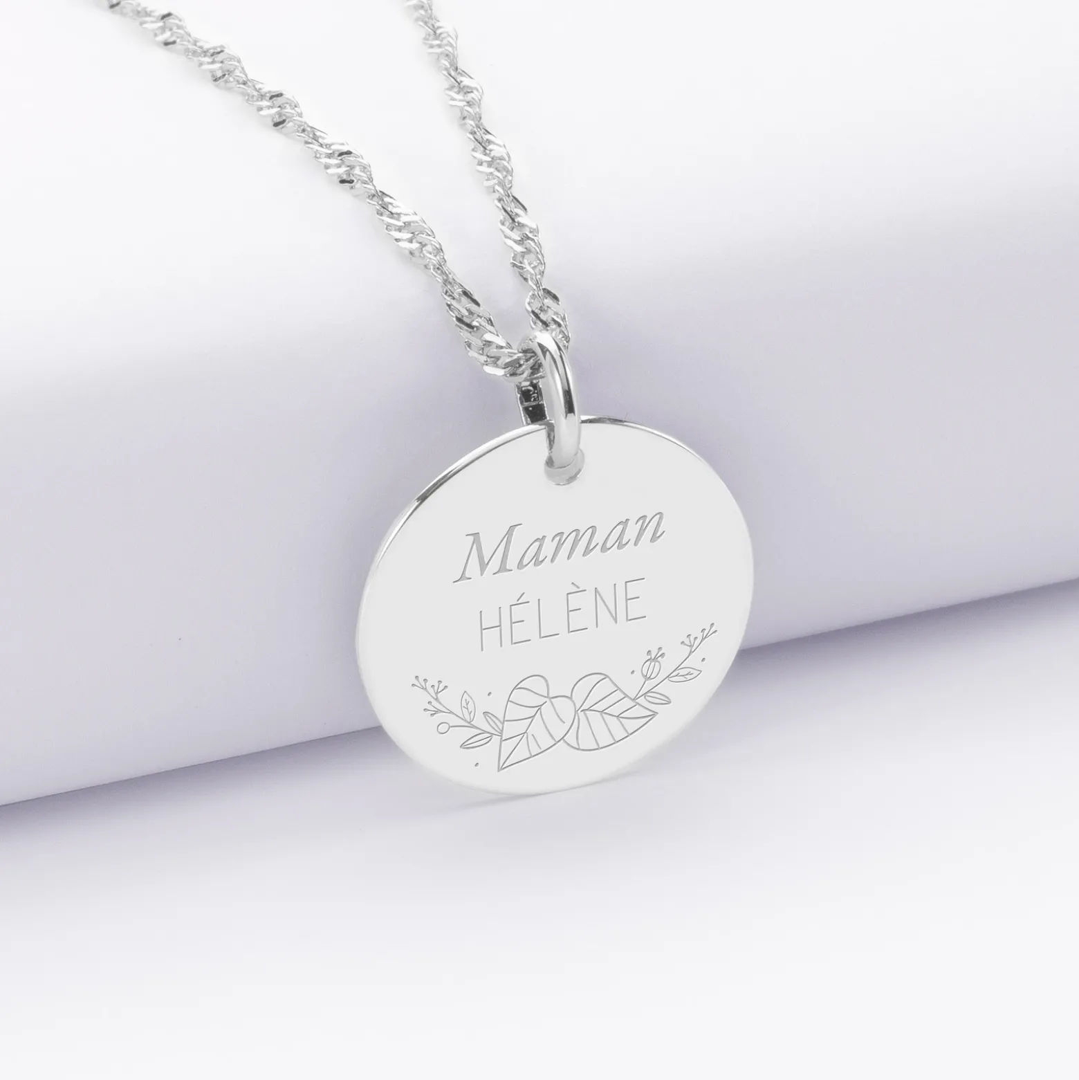 Pendentif personnalisé médaille gravée argent 19 mm - Edition spéciale Ornement floral