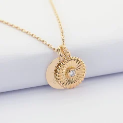 Pendentif personnalisé médaille gravée plaqué or 15 mm et breloque tournesol scintillant 14 mm