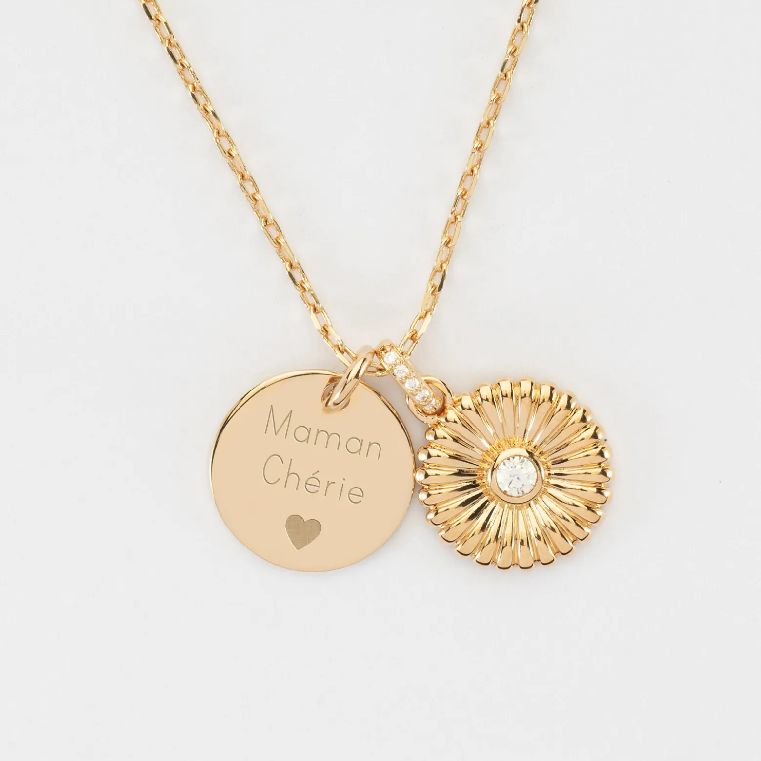 Pendentif personnalisé médaille gravée plaqué or 15 mm et breloque tournesol scintillant 14 mm