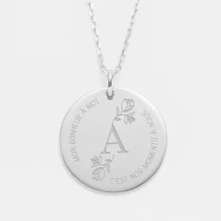 Pendentif personnalisé médaille gravée argent 27 mm - édition spéciale "Initiale Florale"