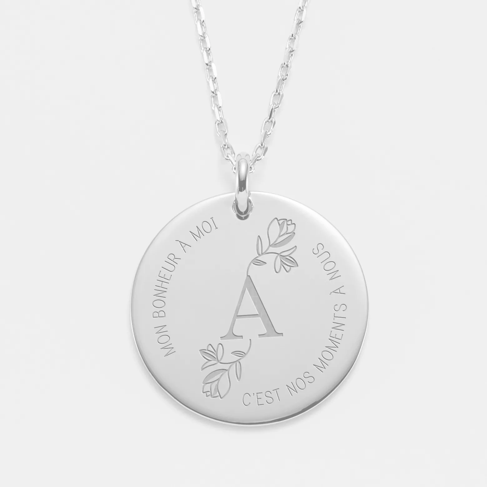 Pendentif personnalisé médaille gravée argent 27 mm - édition spéciale "Initiale Florale"