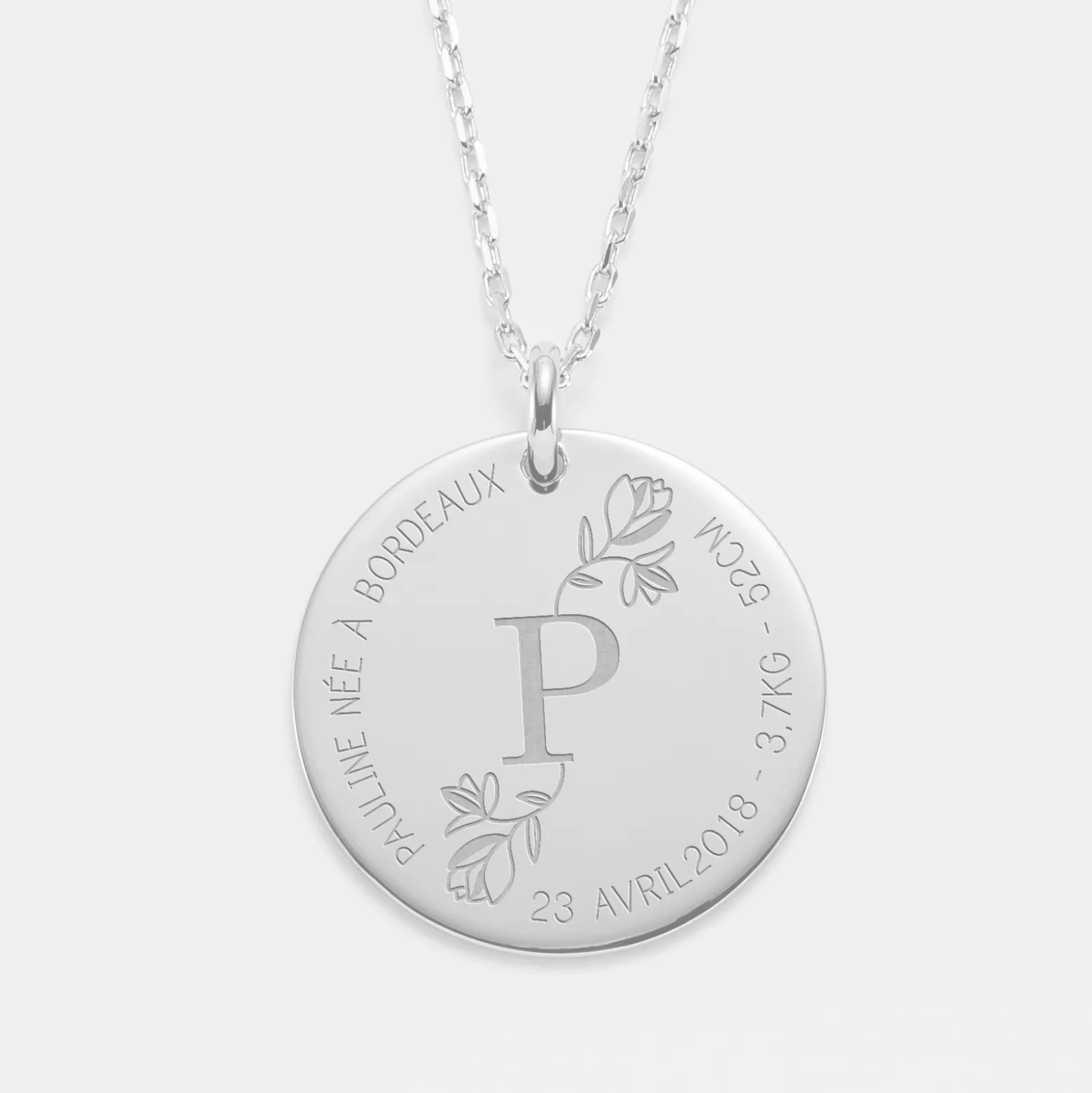 Pendentif personnalisé médaille gravée argent 27 mm - édition spéciale "Initiale Florale"