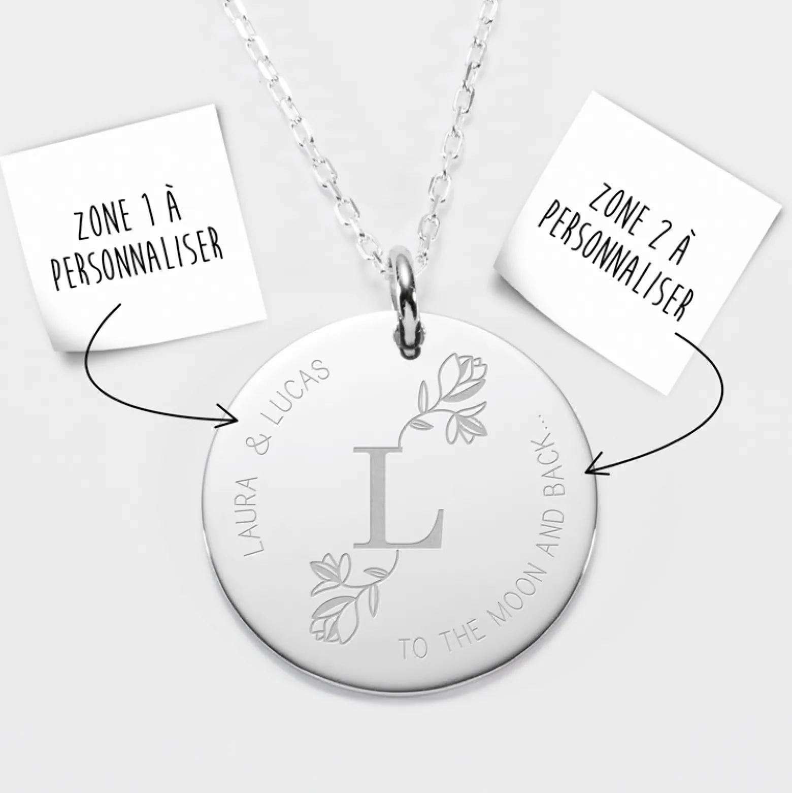 Pendentif personnalisé médaille gravée argent 27 mm - édition spéciale "Initiale Florale"