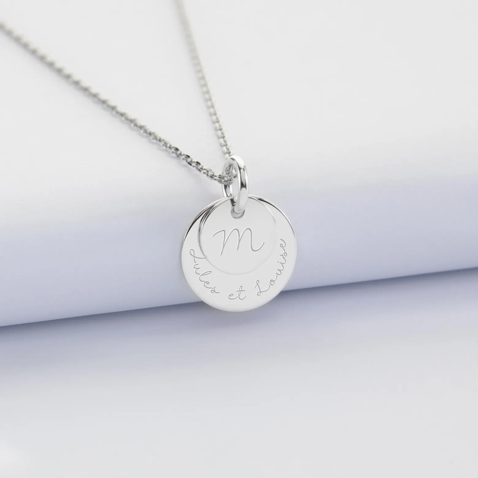 Pendentif réversible personnalisé double médailles gravées argent 10 mm et 15 mm