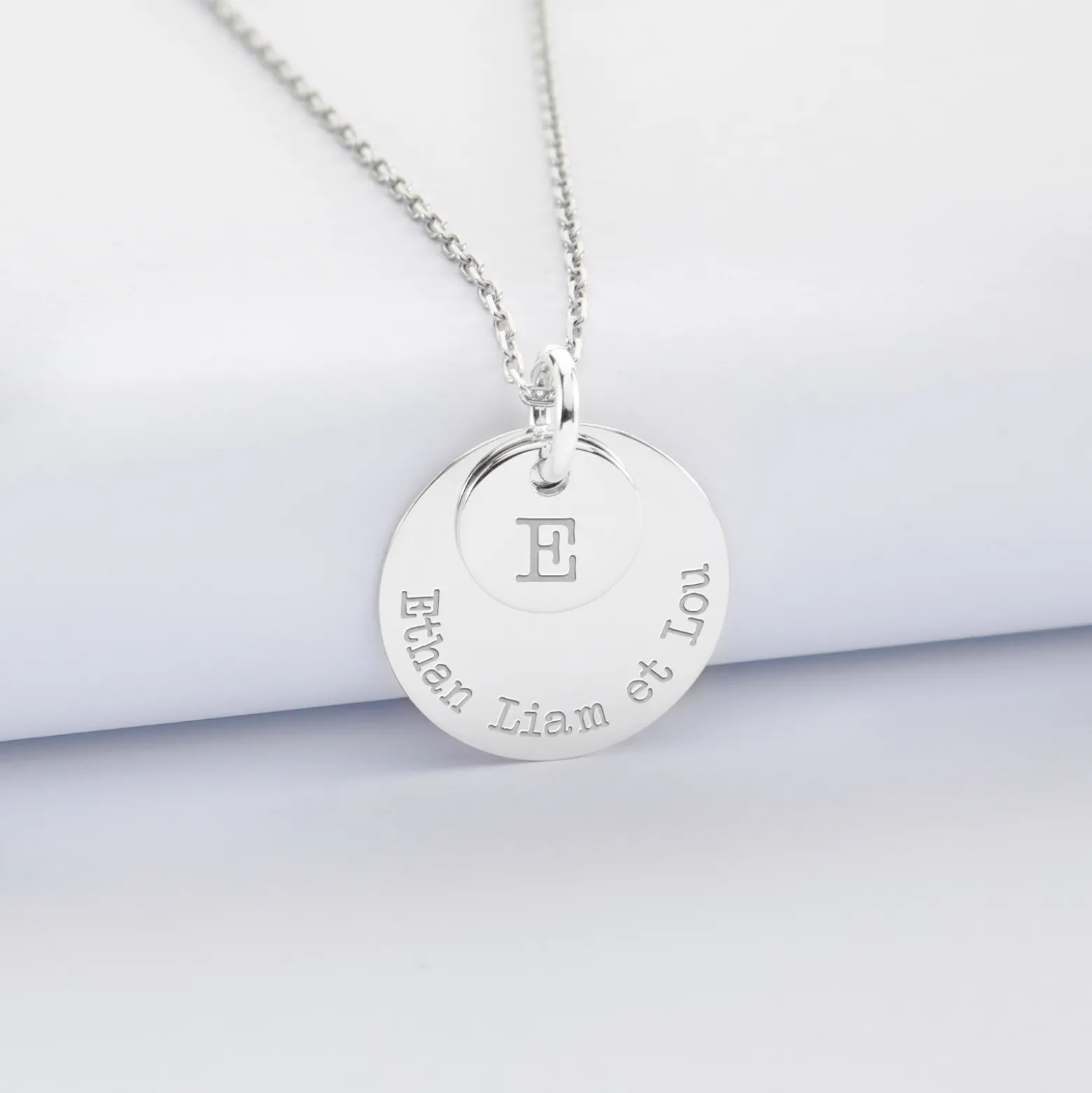 Pendentif réversible personnalisé double médailles gravées argent 10 mm et 19 mm