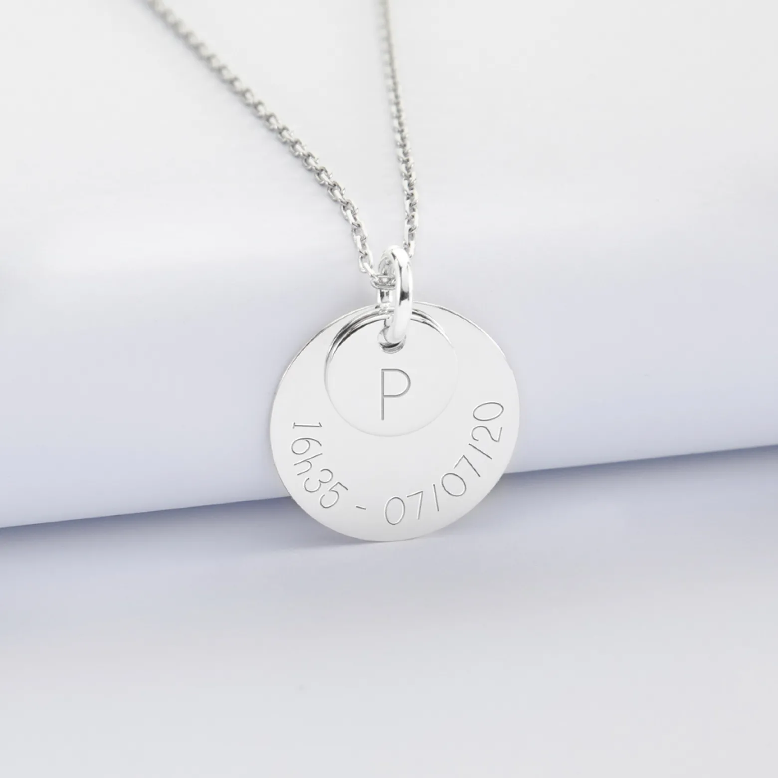 Pendentif réversible personnalisé double médailles gravées argent 10 mm et 19 mm