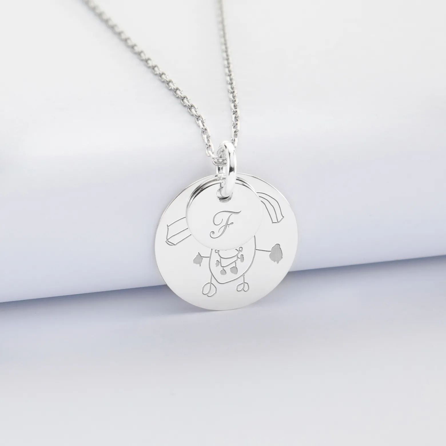 Pendentif réversible personnalisé double médailles gravées argent 10 mm et 19 mm