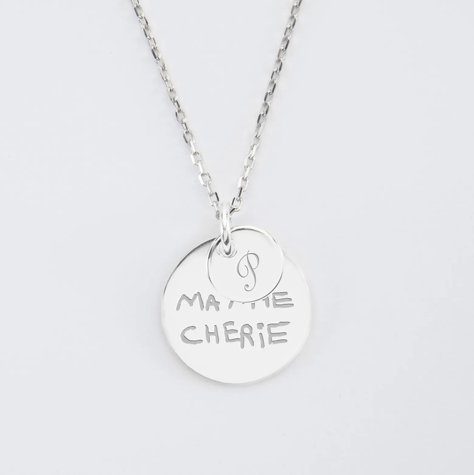 Pendentif réversible personnalisé double médailles gravées argent 10 mm et 19 mm
