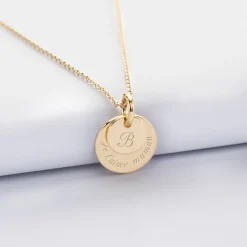 Pendentif réversible personnalisé double médailles gravées plaqué or 10 mm et 15 mm
