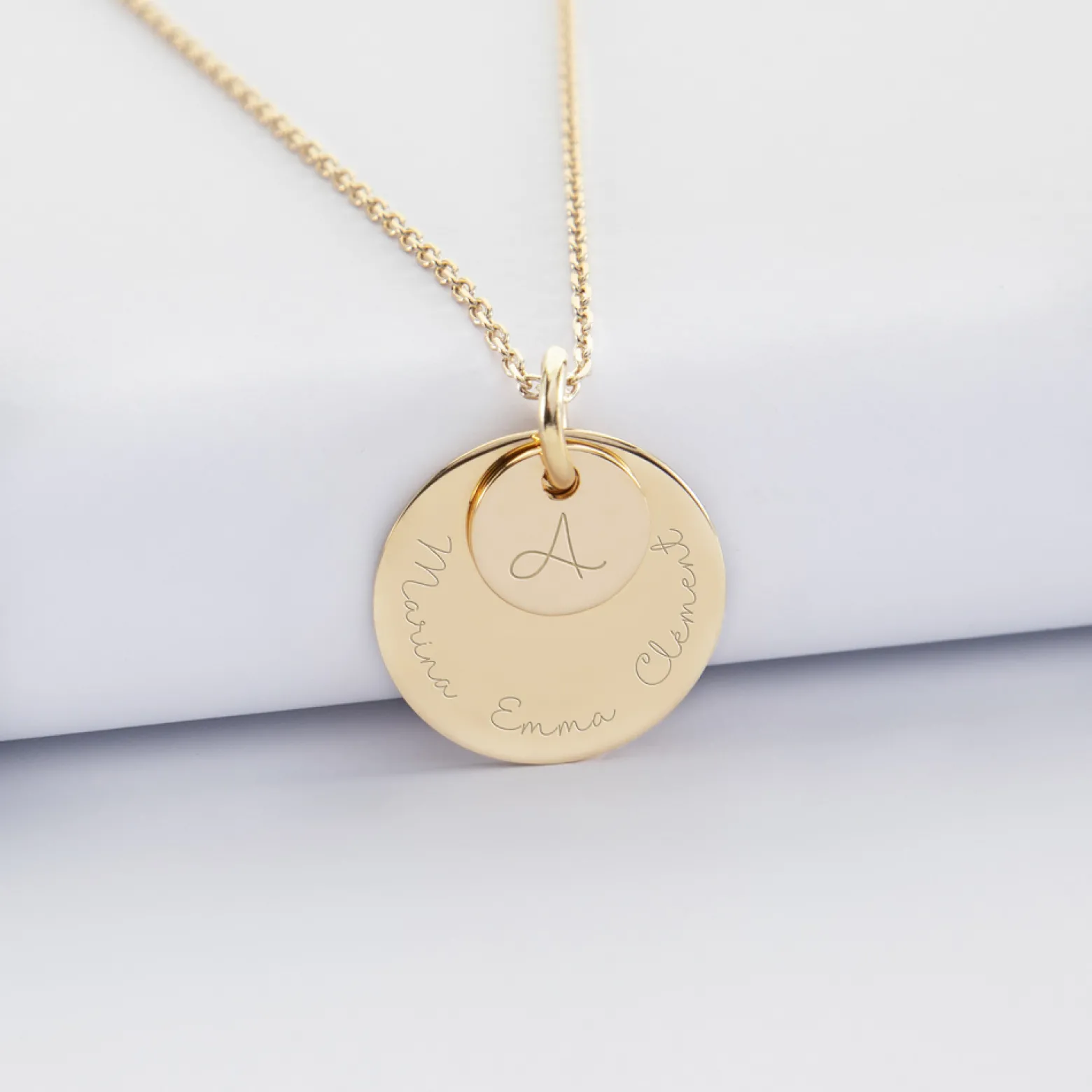 Pendentif réversible personnalisé double médailles gravées plaqué or 10 mm et 19 mm