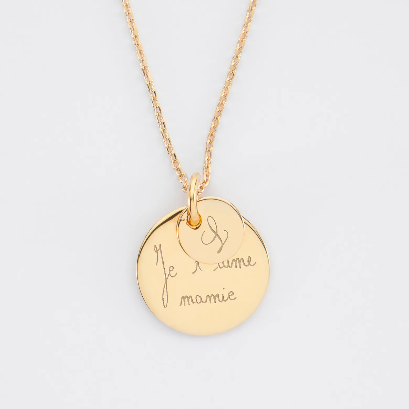 Pendentif réversible personnalisé double médailles gravées plaqué or 10 mm et 19 mm
