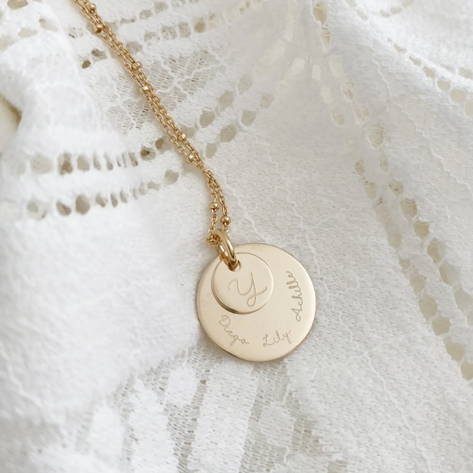 Pendentif réversible personnalisé double médailles gravées plaqué or 10 mm et 19 mm