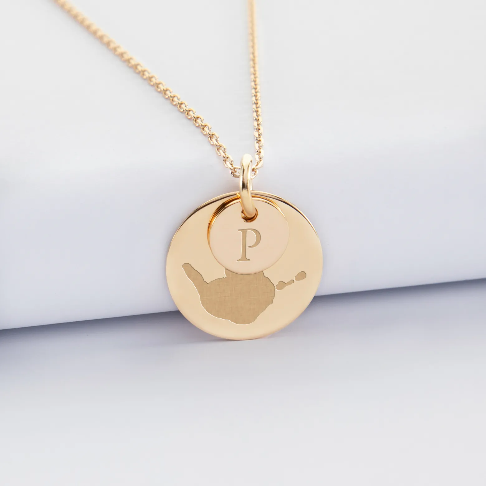 Pendentif réversible personnalisé double médailles gravées plaqué or 10 mm et 19 mm