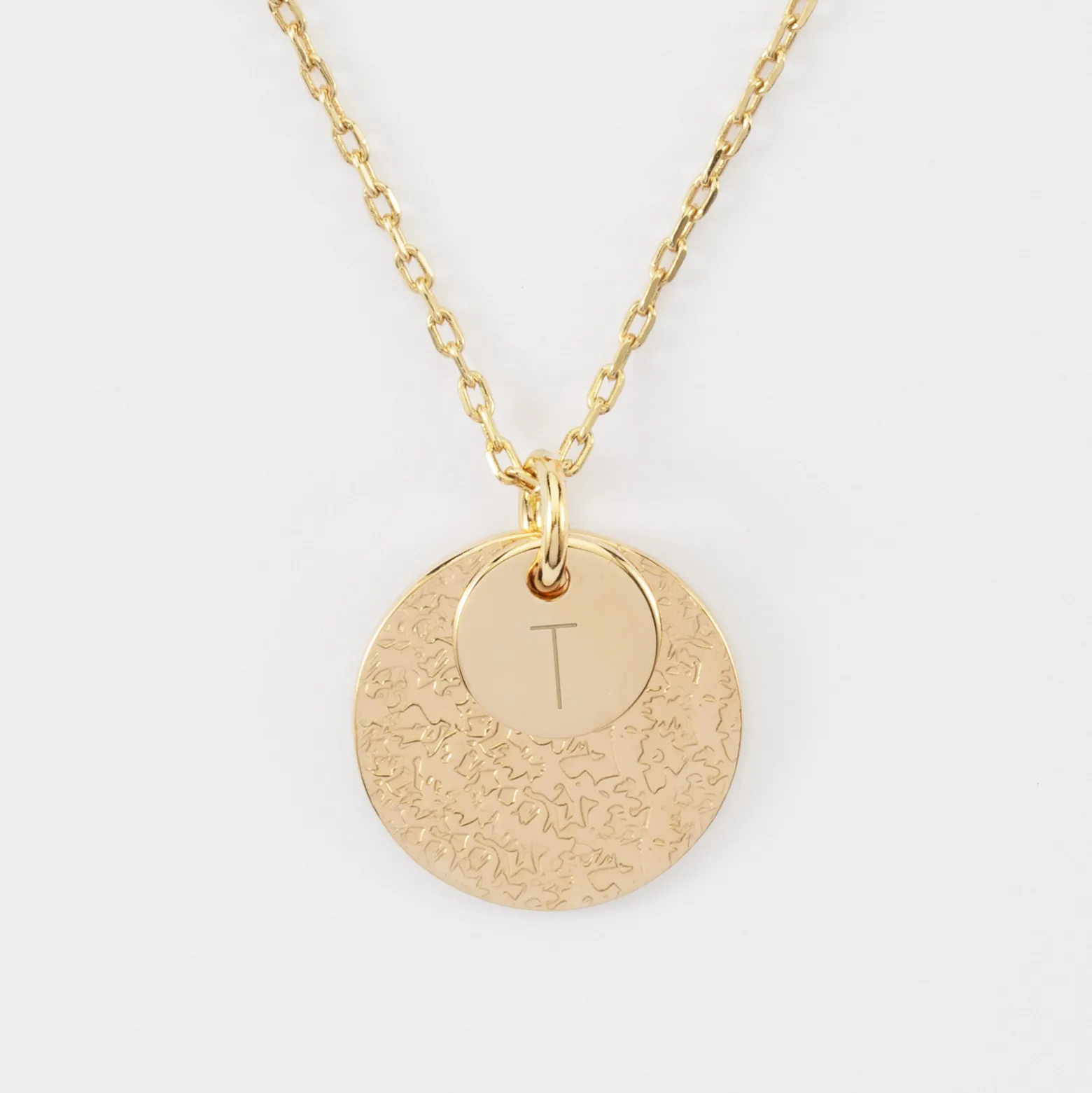 Pendentif réversible personnalisé double médailles martelées gravées plaqué or 10 mm et 19 mm