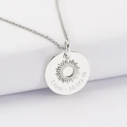 Pendentif réversible personnalisé médaille gravée argent 19 mm et breloque soleil 10 mm