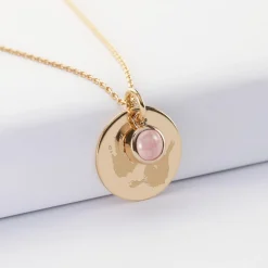 Pendentif réversible personnalisé médaille gravée plaqué or 19 mm et breloque pierre naturelle 8 mm