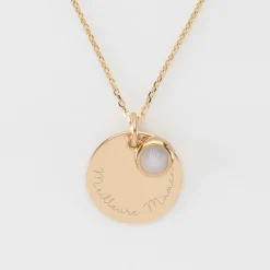 Pendentif réversible personnalisé médaille gravée plaqué or 19 mm et breloque pierre naturelle 8 mm