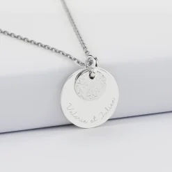Pendentif réversible personnalisé double médailles martelées gravées argent 10 mm et 19 mm