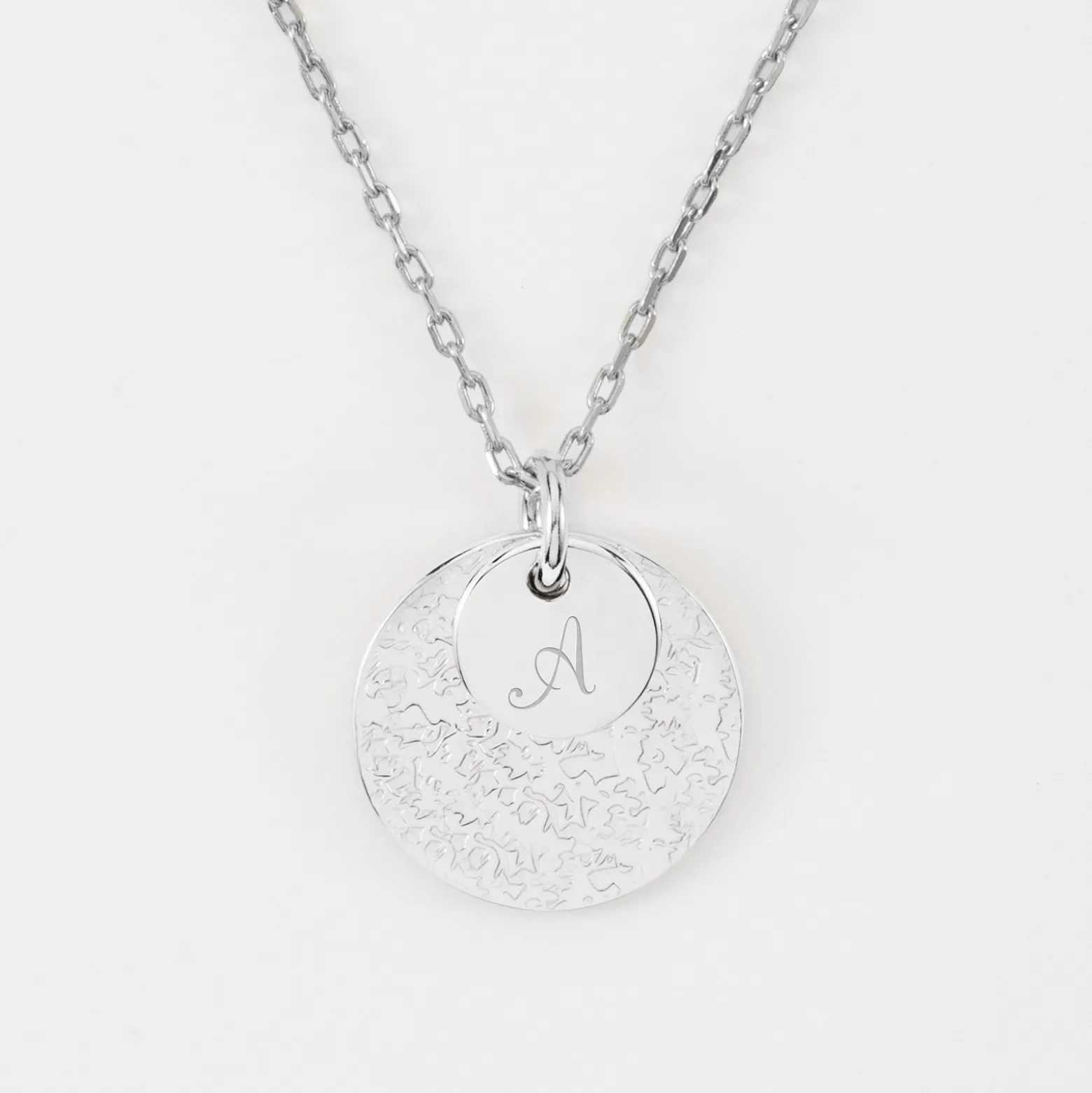 Pendentif réversible personnalisé double médailles martelées gravées argent 10 mm et 19 mm