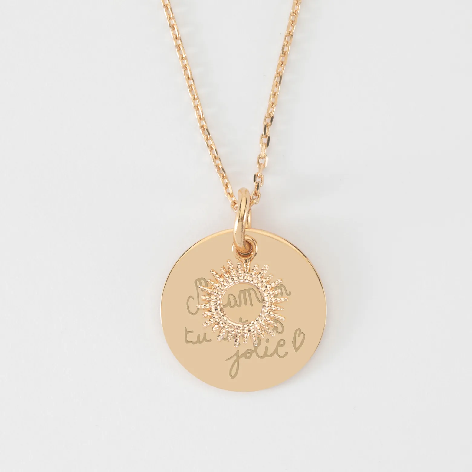 Pendentif réversible personnalisé médaille gravée plaqué or 19 mm et breloque soleil 10 mm