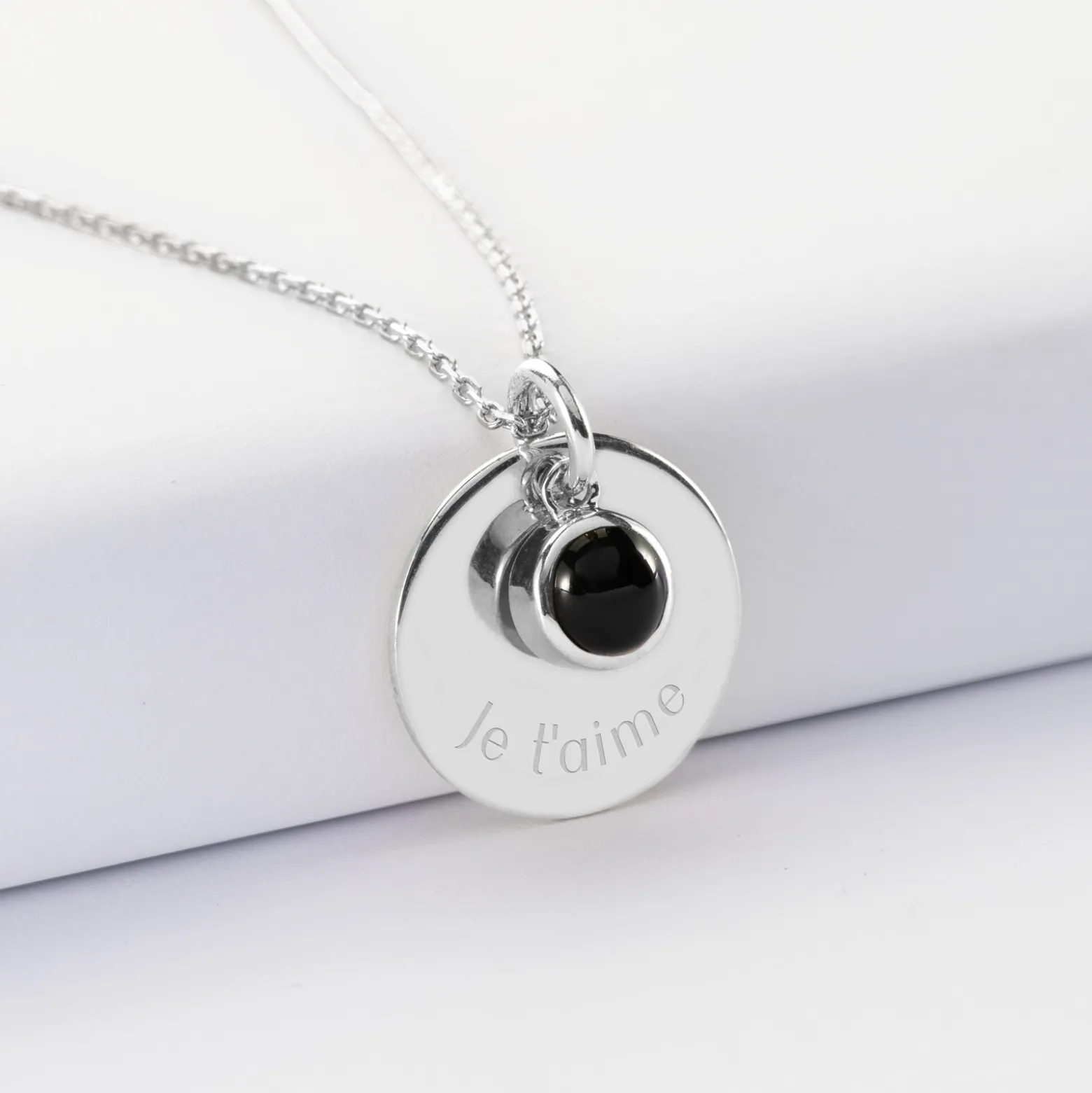 Pendentif réversible personnalisé médaille gravée argent 19 mm et breloque pierre naturelle 8 mm