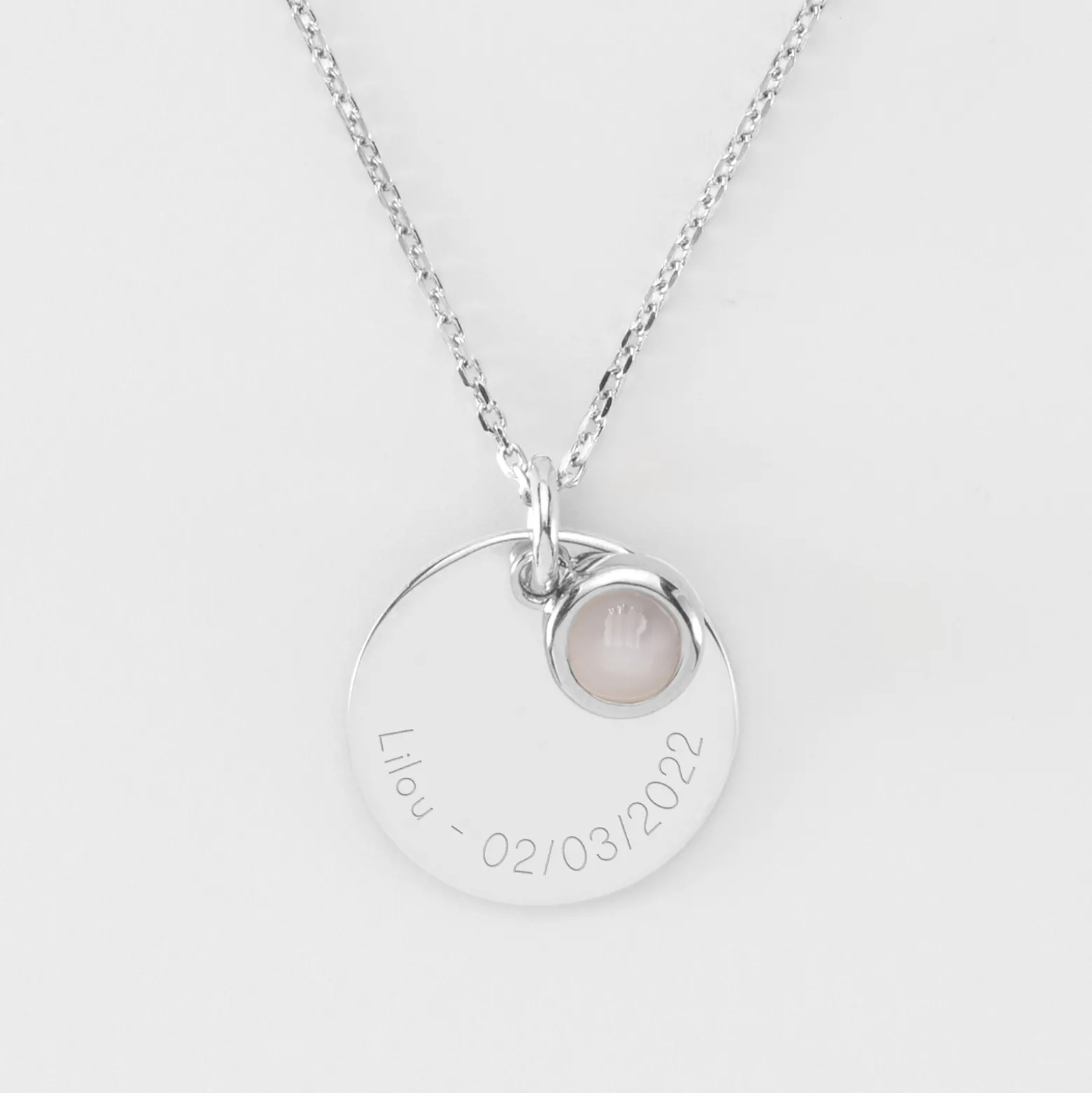 Pendentif réversible personnalisé médaille gravée argent 19 mm et breloque pierre naturelle 8 mm