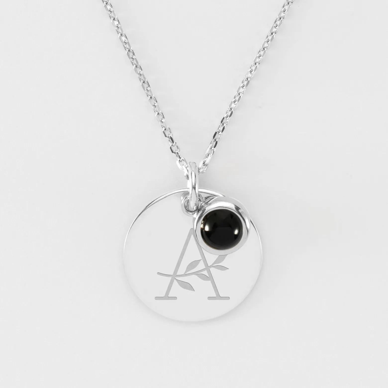 Pendentif réversible personnalisé médaille gravée argent 19 mm et breloque pierre naturelle 8 mm
