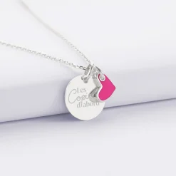 Pendentif Témoin personnalisé médaille gravée argent 15 mm et breloque coeur email 10 mm