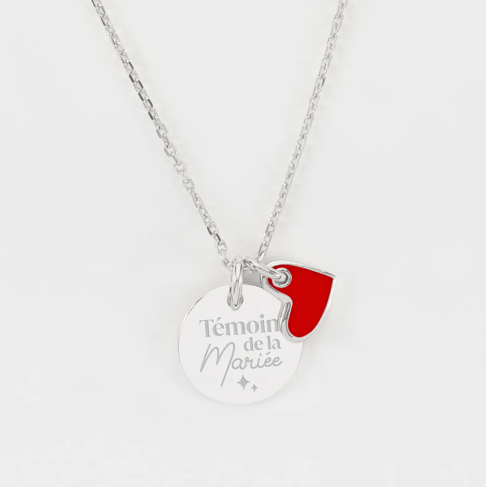 Pendentif Témoin personnalisé médaille gravée argent 15 mm et breloque coeur email 10 mm