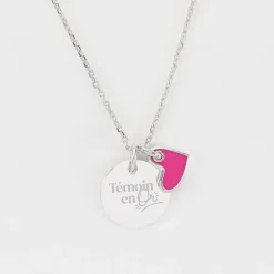 Pendentif Témoin personnalisé médaille gravée argent 15 mm et breloque coeur email 10 mm