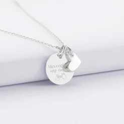 Pendentif Témoin personnalisé médaille gravée argent 15 mm et breloque coeur email 10 mm