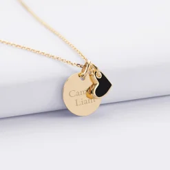 Pendentif Témoin personnalisé médaille gravée plaqué or 15 mm et breloque coeur email 10 mm