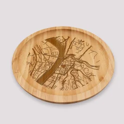 Plateau rond "Géo map" personnalisé bois gravé 20x20 cm