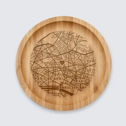 Plateau rond "Géo map" personnalisé bois gravé 20x20 cm