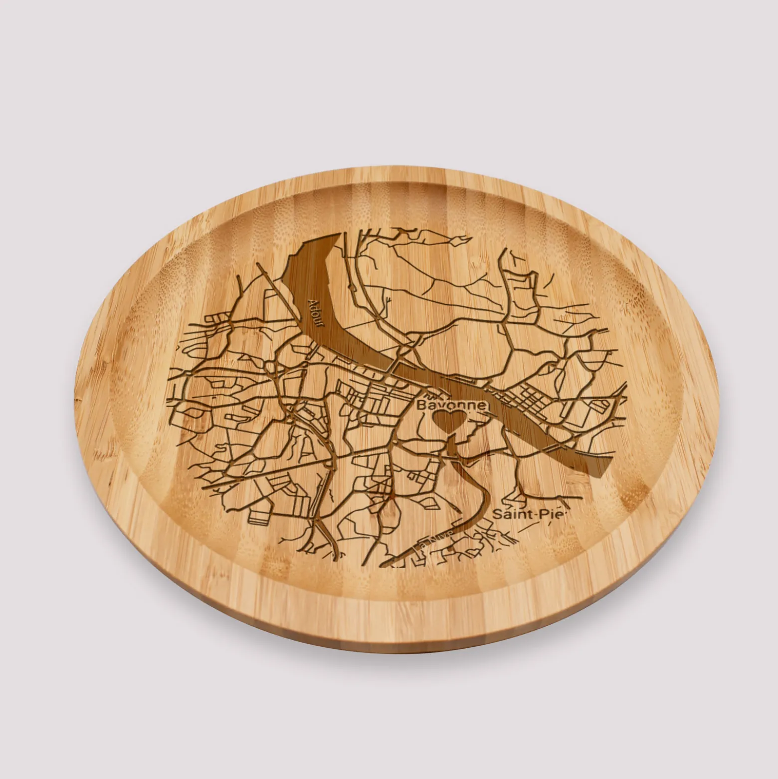 Plateau rond "Géo map" personnalisé bois gravé 20x20 cm