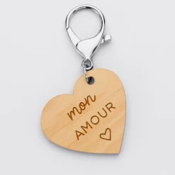 Porte clé personnalisé gravé bois médaille coeur 50x45 mm