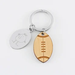 Porte clé personnalisé médaille gravée ovale acier et breloque bois rugby