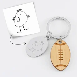 Porte clé personnalisé médaille gravée ovale acier et breloque bois rugby
