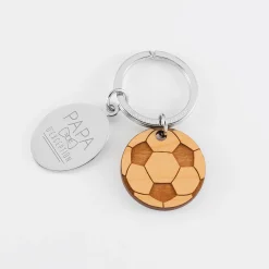 Porte clé personnalisé médaille gravée ovale acier et breloque bois foot