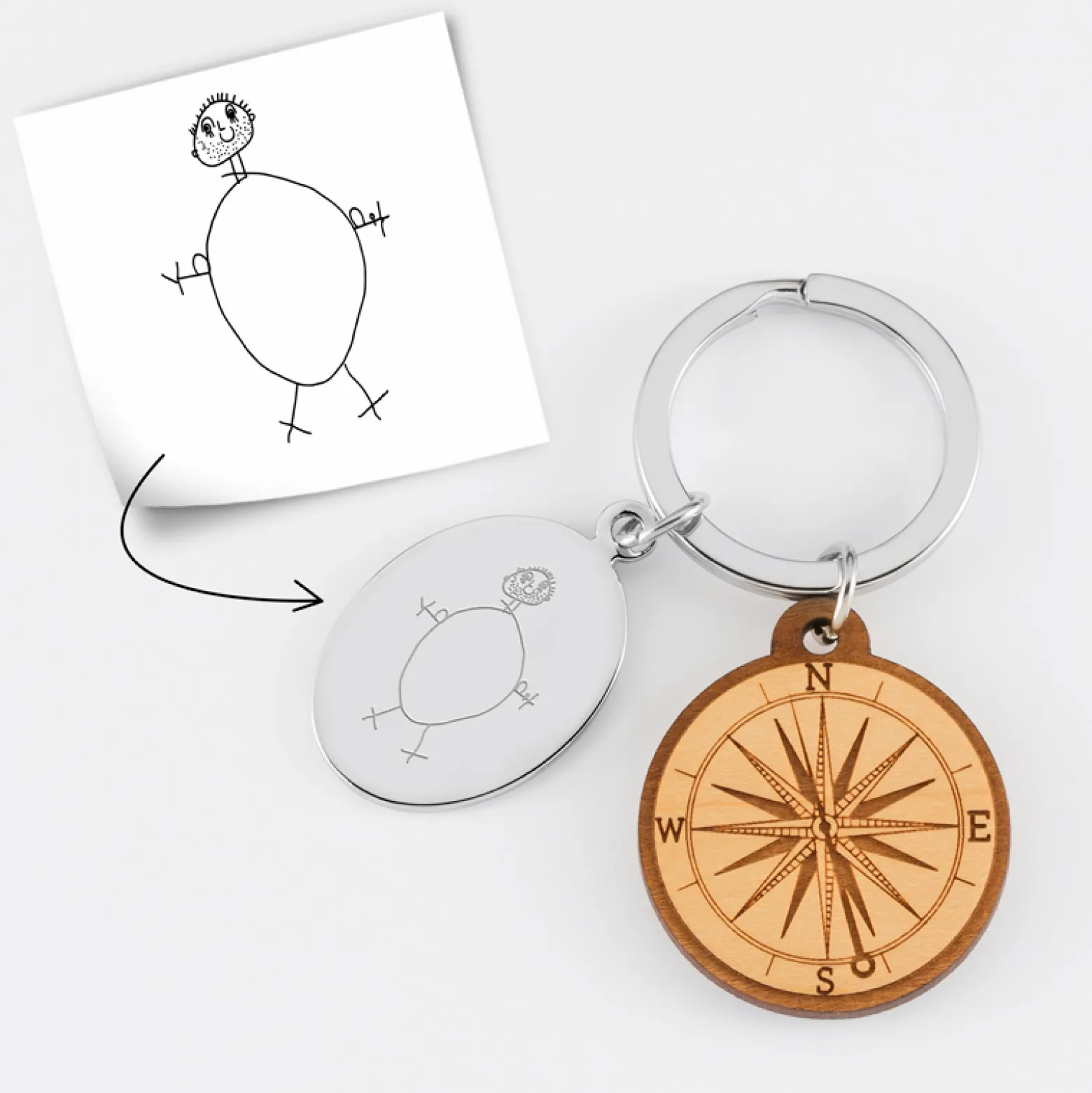 Porte clé personnalisé médaille gravée ovale acier et breloque bois boussole