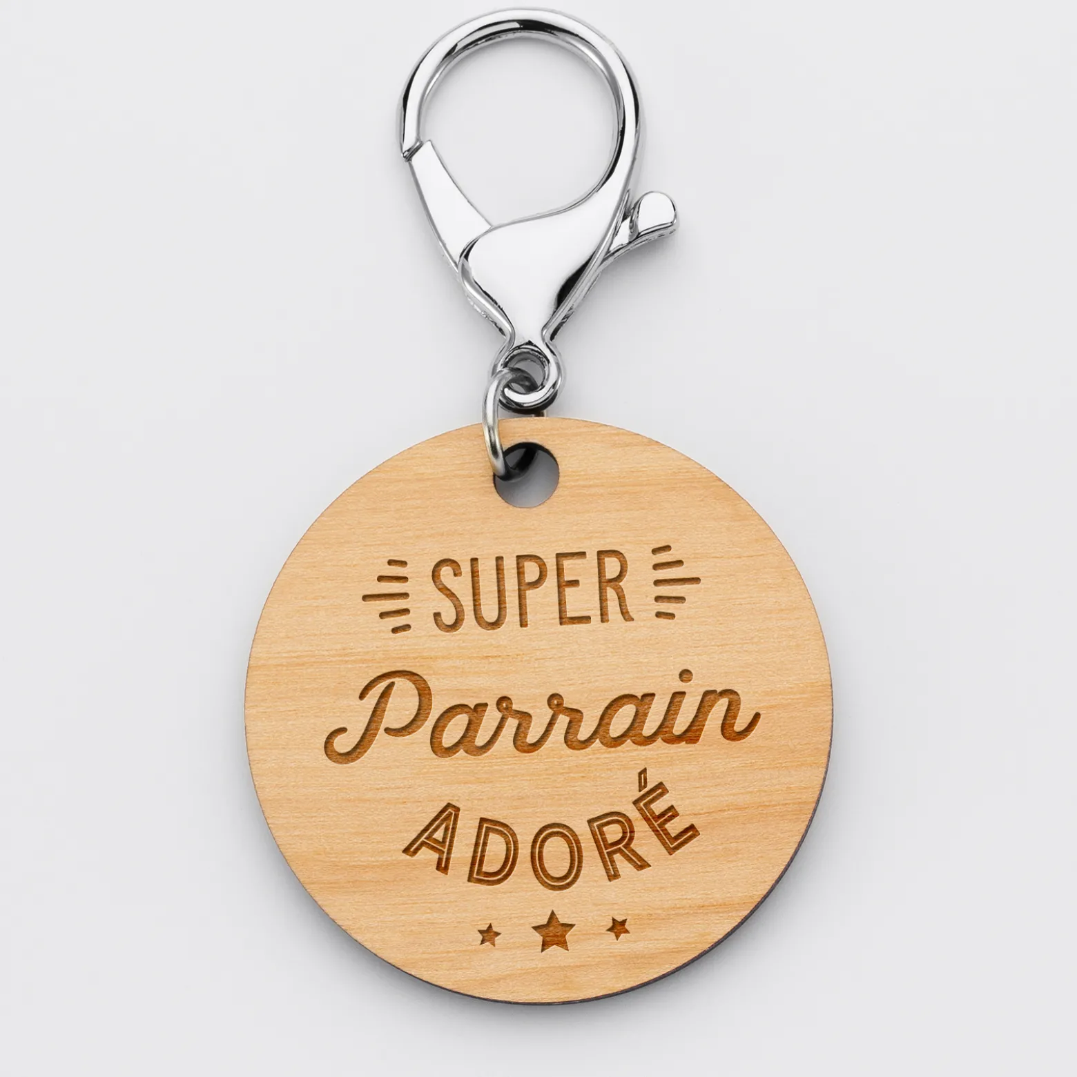 Porte-clés gravé bois médaille ronde 50 mm - Edition spéciale "Super Parrain"