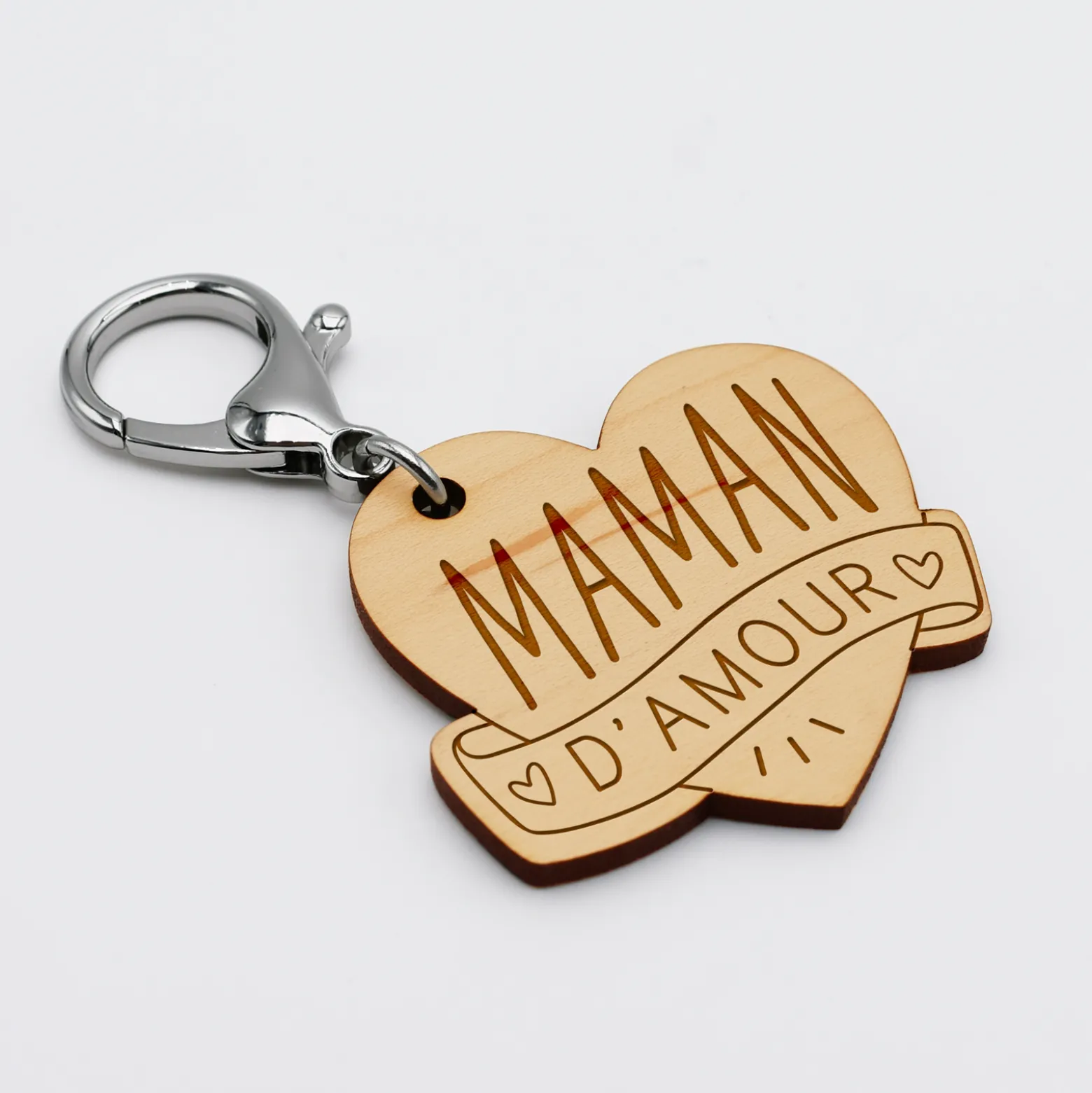 Porte-clés gravé bois médaille coeur 47x50 mm - édition spéciale "maman d'amour"